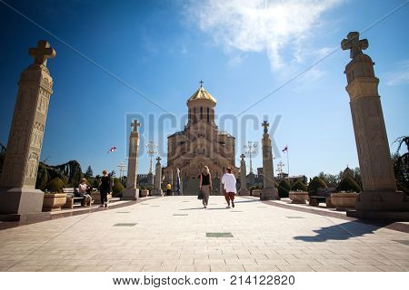 Cathedral of Tsmind Sameba, Tbilisi - MARCH 08: Tourists visiting the Cathedral of Tsmind Sameba in the Tbilisi. Rome, Tbilisi on March 08, 2017