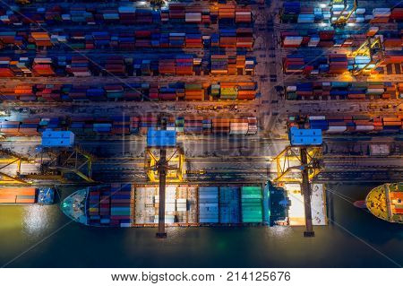 Containers yard in port congestion with ship vessels are loading and discharging operations of the transhipments in international port.