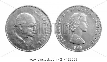 One Crown 1965 Winston Churchill silver coin. Front and back isolated on white background. 5-shilling coin released in 1965 on the death of Sir Winston Churchill. Known as the Churchill Crown.