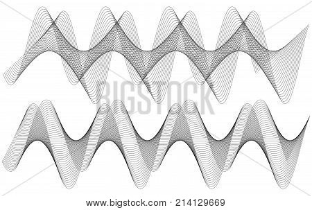 Design elements. Wave of many gray lines. Abstract wavy stripes on white background isolated. Creative line art. Vector illustration EPS 10. Colourful shiny waves with lines created using Blend Tool