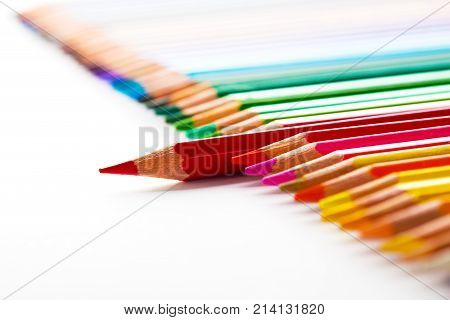 Leadership Concept With One Pencil Standing Out Of Crowd Of Other Pencils