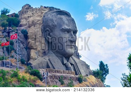 Izmir, Turkey - July 28, 2015 : Ataturk Mask view in Buca. Ataturk is founder of modern Turkish Republic.