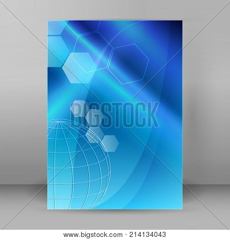 Advertising flyer business presentation. Blue gradient blurry background with elegant graphic light hexagon & globe icon. Vector illustration EPS 10 for template brochure layout leaflet menu card