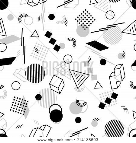 Geometric Seamless Pattern of Black and Grey Figures on White Backdrop. Continued Monochrome Background in Retro Style.