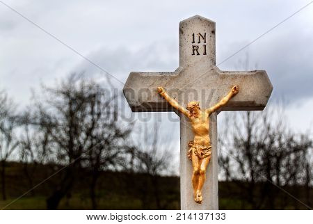 Statue of Jesus Christ. Jesus on cross. Symbol of faith hope and love. Celebration of Easter Holidays