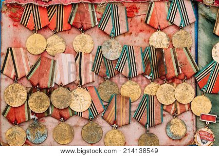 Tbilisi, Georgia. Close View Of Soiet Russian Medals In Shop Flea Market Of Antiques Old Retro Vintage Things On Dry Bridge In Tbilisi.