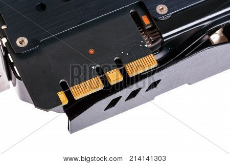 SLI socket on professional gaming video card isolated on white. High resolution photo.