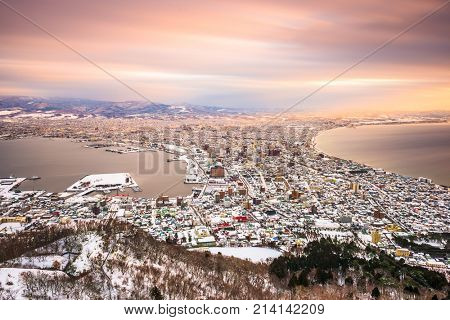 Hakodate, Hokkaido, Japan dawn skyline in winter.