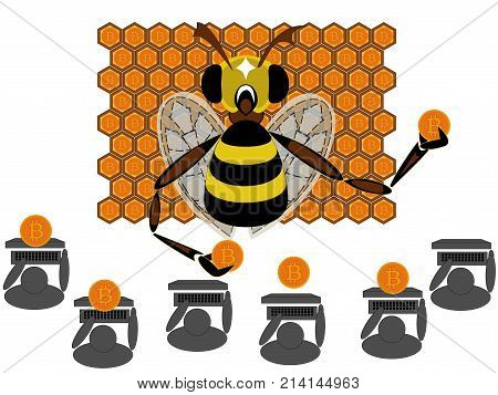 Coin hive cryptocurrency browser mining. Illustration shows a bee who mines coins on the Internet