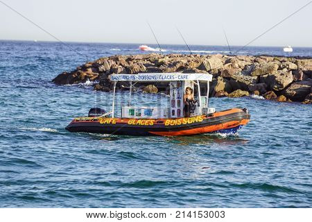 Nice , France - 5 august 2017 : outdoor river coffeshop and bar on boat , to sell drinks on the beaches directly from the boat