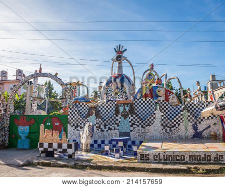 Havana, Cuba-08 October, 2016. Entrance to the House covered by mosaic tiles on 08 of October 2016 in Havana, Cuba, more commonly known as Fusterlandia for the colorful mosaics.