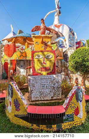 Havana, Cuba-08 October, 2016. Close up of sculpture at the house  covered by mosaic tiles on 08 of October 2016 in Havana, Cuba, more commonly known as Fusterlandia for the colorful mosaics.
