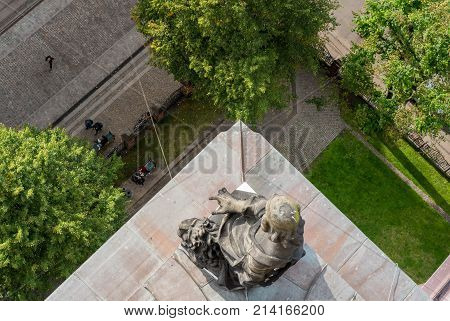 View from top of spiral walkway up tower of Church of our Saviour in Copenhagen, Denmark