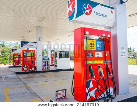 Trang Thailand - September 2 2017: Caltex gas station blue sky background. Caltex is a petroleum brand name of Chevron Corporation used in more than 60 countries.
