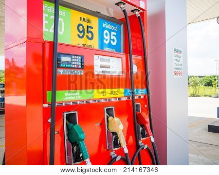 Trang Thailand - September 2 2017: Caltex gas station blue sky background. Caltex is a petroleum brand name of Chevron Corporation used in more than 60 countries.