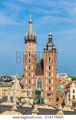Krakow In Summert. St. Mary's Church In Poland In A Summer Day
