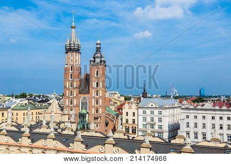 Krakow In Summert. St. Mary's Church In Poland In A Summer Day