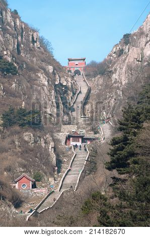 TAISHAN, CHINA - JAN 2, 2014 - Stairway to Heaven, Taishan. Located in the province of Shandong, Taishan is China's most famous mountain, climbed by leaders from the first emperor to Mao Zedong.