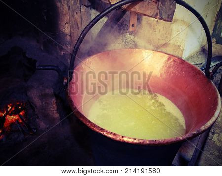 Large Cauldron To Heat Whey For Cheese Productiom With Vintage E