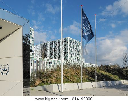 The Hague Netherlands - November 3 2017: The flag and entrace with logo to the International Criminal Court at the new 2015 opened ICC building.