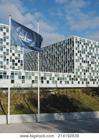 The Hague Netherlands - November 3 2017: The flag and the International Criminal Court at the new 2015 opened ICC building.
