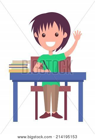 Back to school vector illustration with schoolboy sitting at the table with pile of textbook, raising hand to answer, happy child at lesson isolated on white