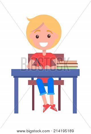 Back to school vector illustration with schoolboy sitting at the table with pile of textbook, writing in copybook with pen, happy child at lesson isolated