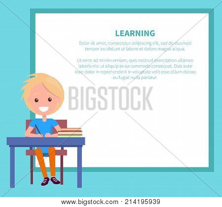Learning banner with blonde boy with textbooks at school. Vector illustration of begginer on 1st of September, back to school concept