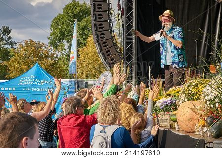 MAGDEBURG, GERMANY - SEPTEMBER 16, 2017: the Swedish singer Harpo at the concert during the harvest festival in Elbauenpark in Magdeburg