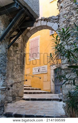 TOURRETTES-SUR-LOUP FRANCE - APRIL 25 2016: Street of Tourrettes-sur-Loup a medieval village in the Alpes-Maritimes department in southeastern France