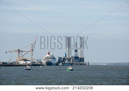 Harwich Essex United Kingdom -16 November 2017: Cruise Ship in Harwich harbour surrounded by Cranes