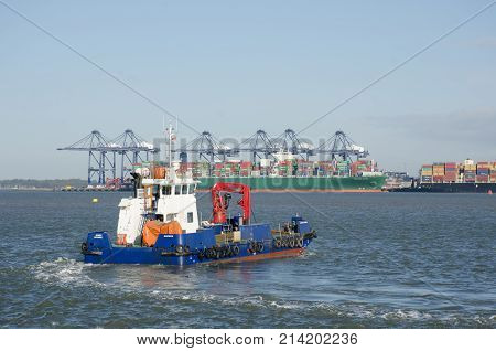 Harwich Essex United Kingdom -16 November 2017: Haven Hornbill anti-pollution ship in Harwich Harbour heading to Flexistowe