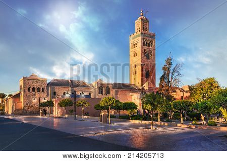 Koutoubia Mosque minaret located at medina quarter of Marrakesh Morocco