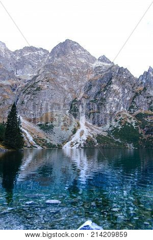 beautiful mountain landscape, lake, sea eye with blue water