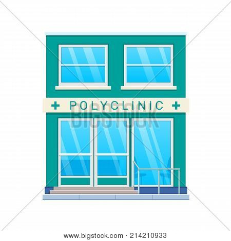 Modern city polyclinic building facade. Healthcare, first aid, medical care. City medical center building. Street municipal Hospital building, medical facility. Urban landscape. Vector illustration.