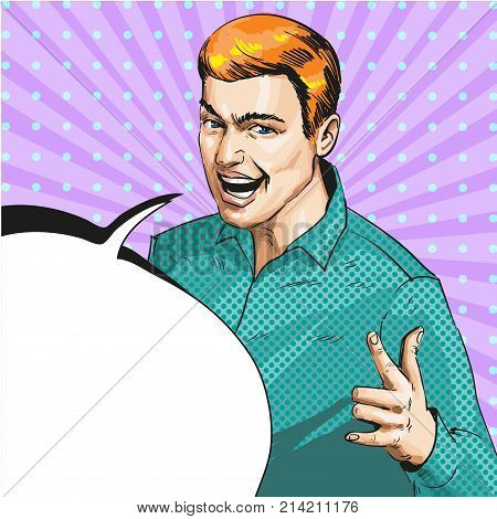 Vector illustration of happy young man showing ILY hand sign, speech bubble. Handsome man with I Love You gesture in retro pop art comic style.
