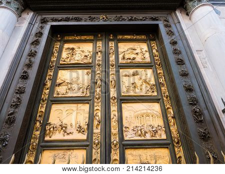 Golden east doors of the Baptistery of Saint John in Florence depicting the Gates of Paradise made by Lorenzo Ghiberti