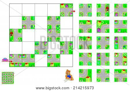 Logic puzzle with labyrinth. Cut the squares and place them correctly. Need to pass by car through the streets respecting traffic signs. U-turns are prohibited.