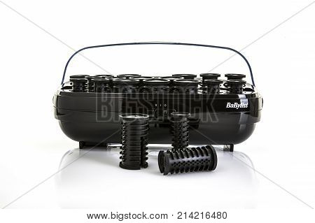 SWINDON UK - NOVEMBER 18 2017: BaByliss Electric hair rollers on a white background