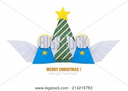 Christmas origami angels and pine tree with star decorations in paper on a white background