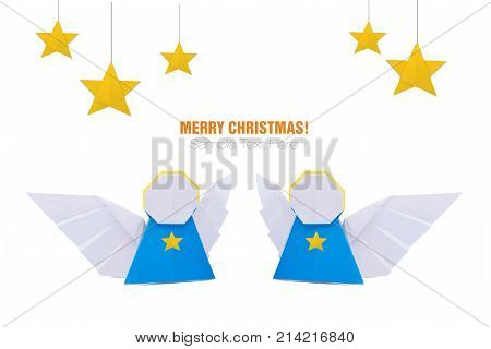 Christmas origami angels with stars decorations in paper on a white background