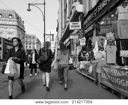 People In Oxford Street In London Black And White