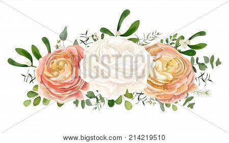 Vector floral bouquet with White pink peach Ranunculus flower Eucalyptus branch mistletoe leaves greenery mix delicate garland. Greeting postcard wedding invite cute card design. Editable & isolated