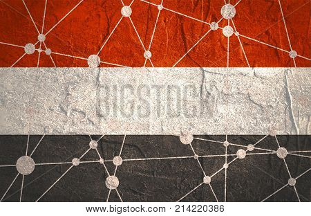 Flag of the Yemen. Low poly concept triangular style. Molecule And Communication Background. Connected lines with dots.