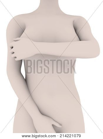 Closeup of a nude female torso in front covering her private parts with hand. 3d rendering