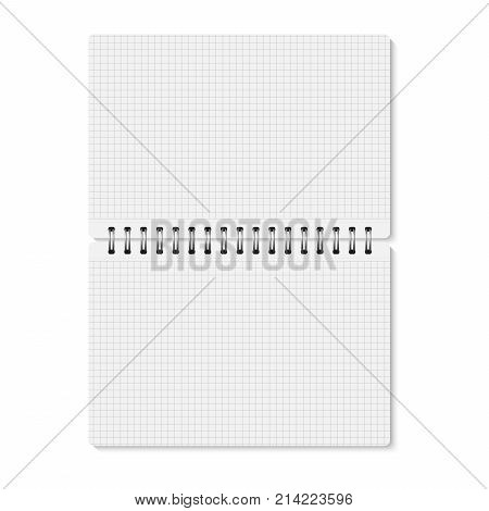 Vector white realistic opened spiral bound notebook. Horizontal blank copybook with metallic silver spiral. Template (mock up) of organizer or diary isolated. Horizontal cell lined notepad. A5