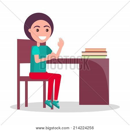 Back to school vector illustration with schoolboy sitting at table with pile of textbook, raising hand to answer, child at lesson isolated on white