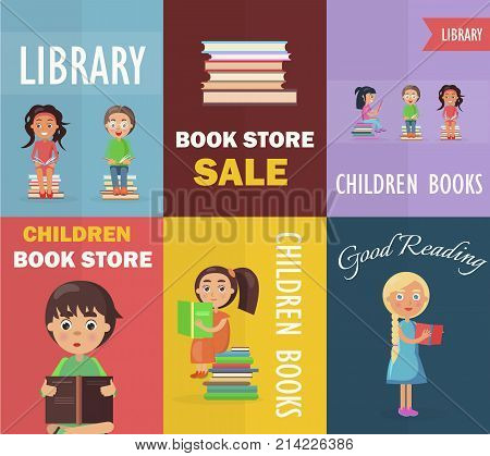 Bookstore sale and children library with small readers holding color textbooks vector illustration concept of six posters.