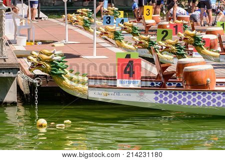 Rome Italy - July 30 2016: Dragon boat crews compete at the european championships held in Italy in 2016 summer details of the boats