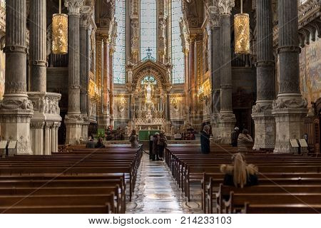 Lyon France -- November 6 2017 -- A photograph taken inside the Bassilica of Notre-Dame de Fourviere. Editorial Use Only.